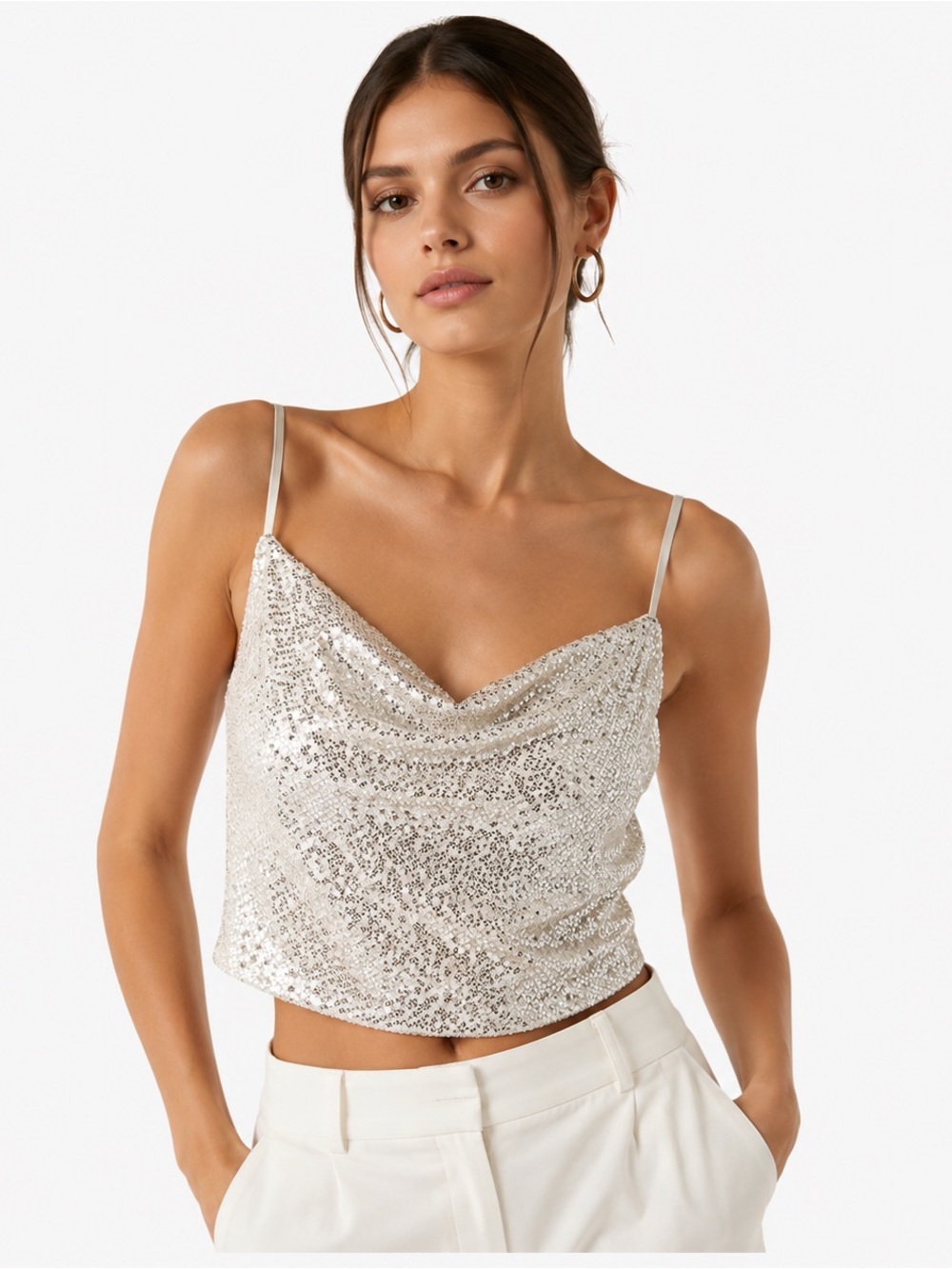 Forever 21 Champagne Sequin Cowl Neck Crop Top Party Holiday Glam Y2K